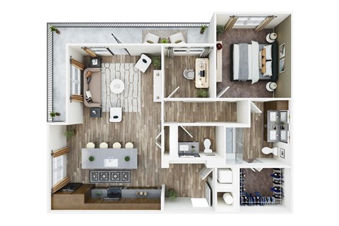 a 3d floor plan of a bedroom with a bathroom and a living room